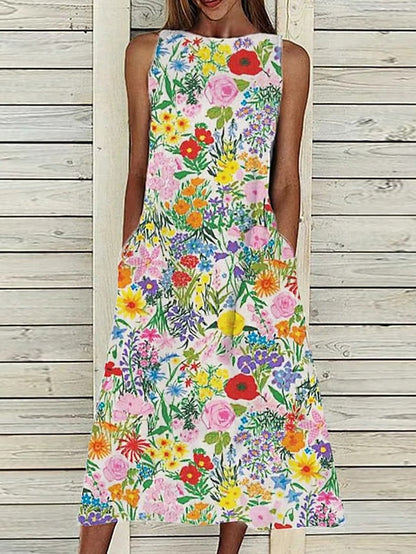 A Line Dress Midi Dress Sleeveless Floral Pocket Cold Shoulder Print Spring Summer Round Neck Casual Vintage Going out  S M L XL XXL Cotton for Women