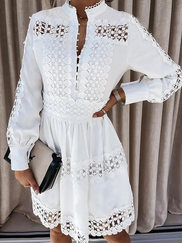 A Line Dress Mini Dress White Long Sleeve Pure Color Lace Summer Spring Stand Collar Fashion Winter Dress Fall Dress  S M L XL XXL 3XL for Women