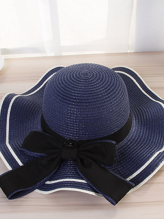 Hat Straw Hat Sun Hat Pink Khaki Navy Blue Outdoor Street Dailywear Bow Ribbon bow Portable Sun Protection Comfort for Women