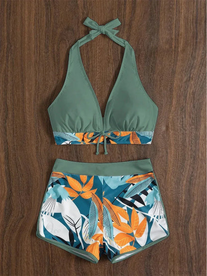 Leaf Print Knot Front Halter Two Piece Set