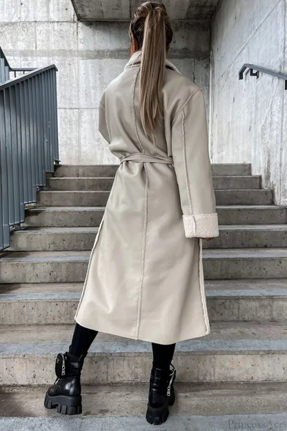 Leather Thickened Trench-Inspired Relaxed Tie Waist Overcoat