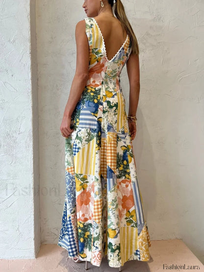 Lemonade Print Lace Trim Long Dress