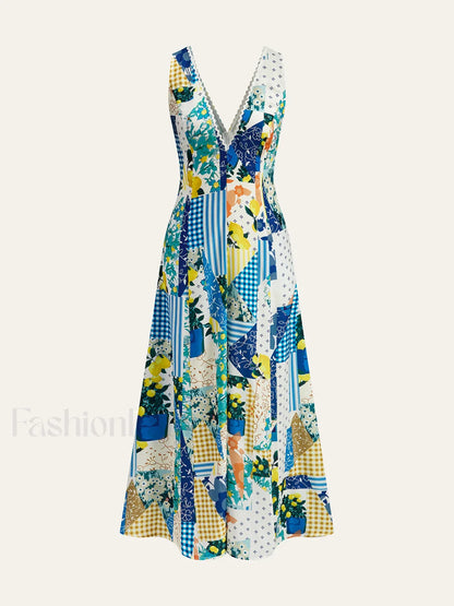 Lemonade Print Lace Trim Long Dress