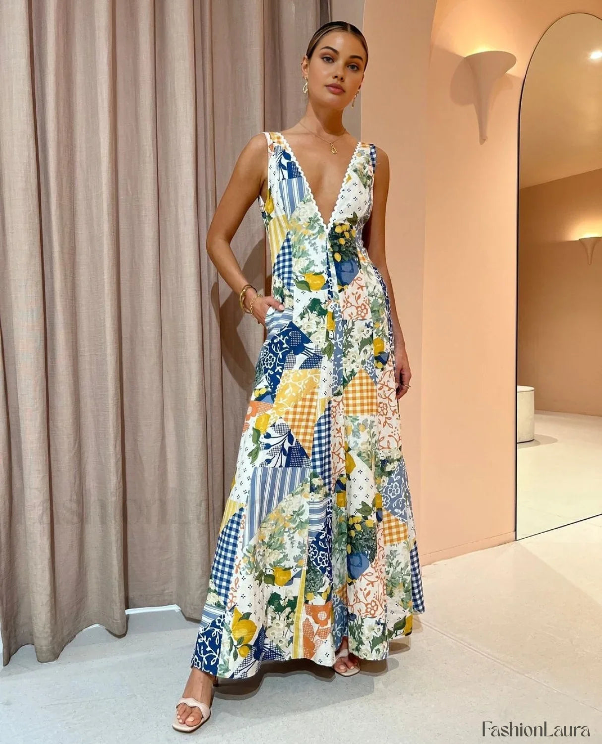 Lemonade Print Lace Trim Long Dress
