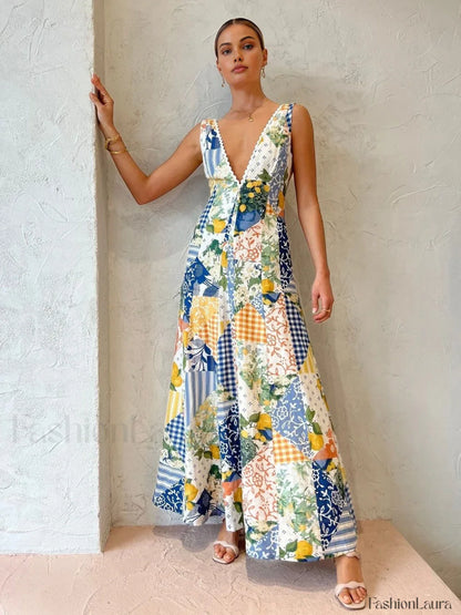 Lemonade Print Lace Trim Long Dress