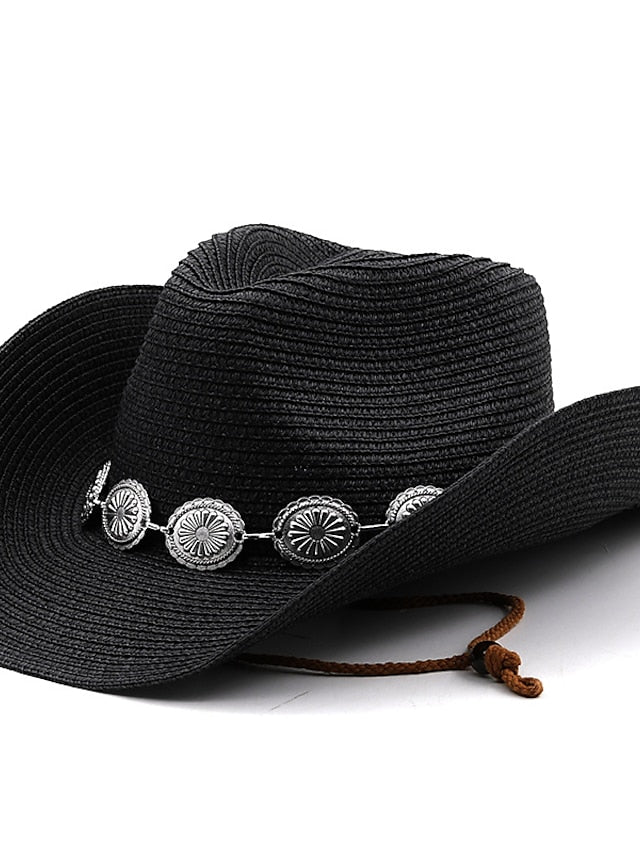 New Summer Men Women Straw Hollow Western Cowboy Hat Elegant Lady Punk Cowgirl Outdoor Jazz Beach with Adjustable Rope Sun Hat for Women