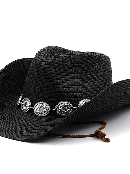 New Summer Men Women Straw Hollow Western Cowboy Hat Elegant Lady Punk Cowgirl Outdoor Jazz Beach with Adjustable Rope Sun Hat for Women