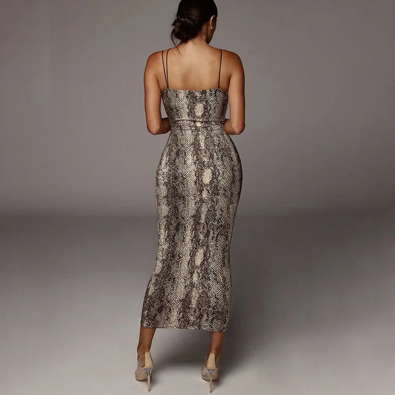 Leopard Print Sleeveless V-neck Spring Women Fashion Streetwear Christmas Party Outfits Midi Dress