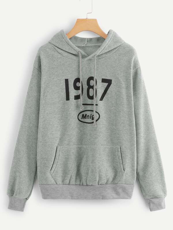 1987 Letter Graphic Drawstring Hoodie for Women