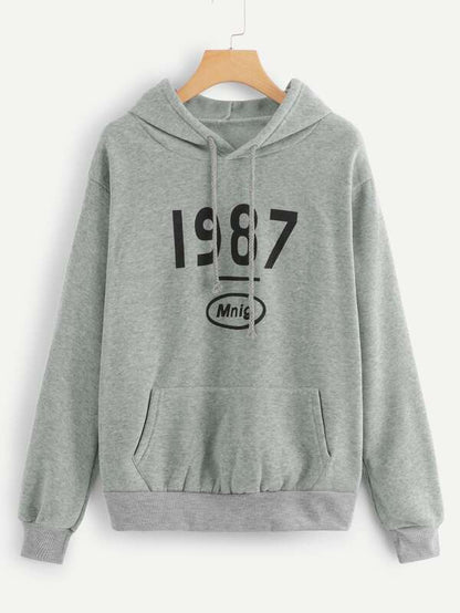 1987 Letter Graphic Drawstring Hoodie for Women