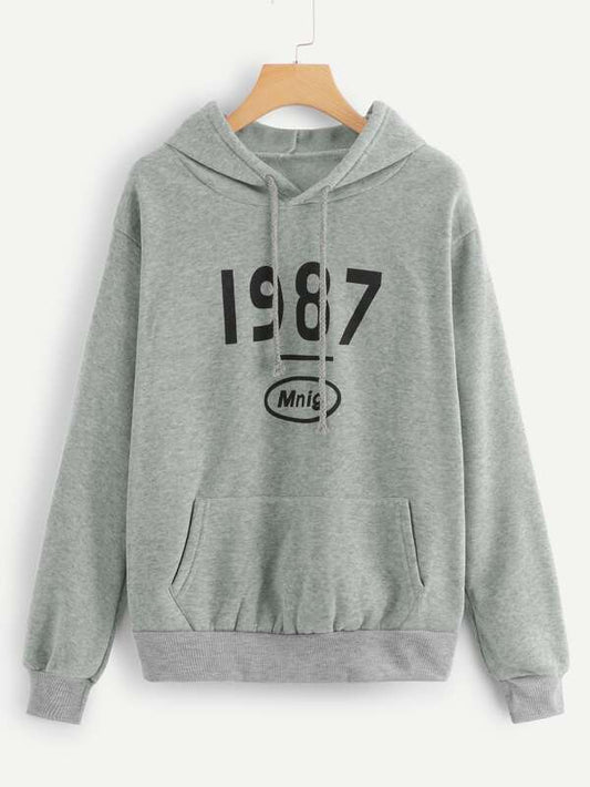 1987 Letter Graphic Drawstring Hoodie for Women