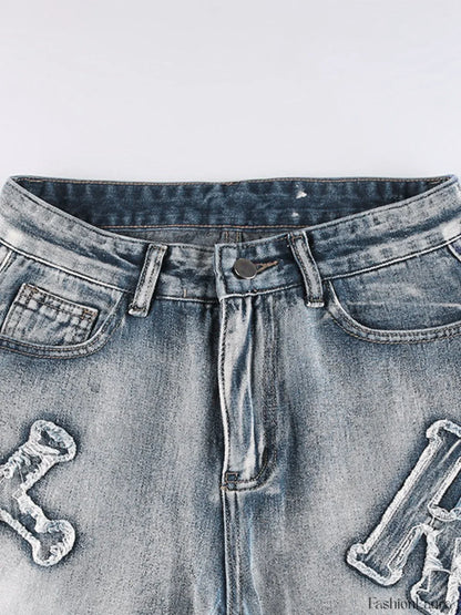 Letter Patch Faded Boyfriend Jeans