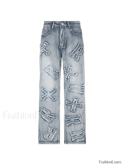 Letter Patch Faded Boyfriend Jeans
