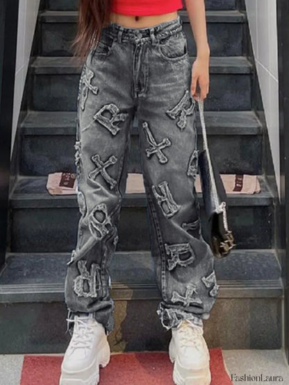 Letter Patch Faded Boyfriend Jeans