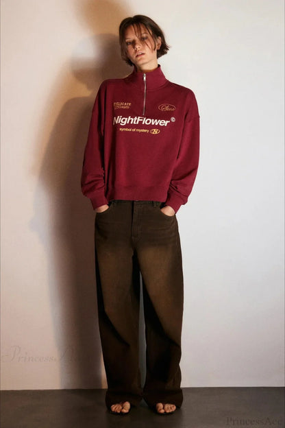 Letter Print Half Zip Stand Collar Loose Sweatshirt