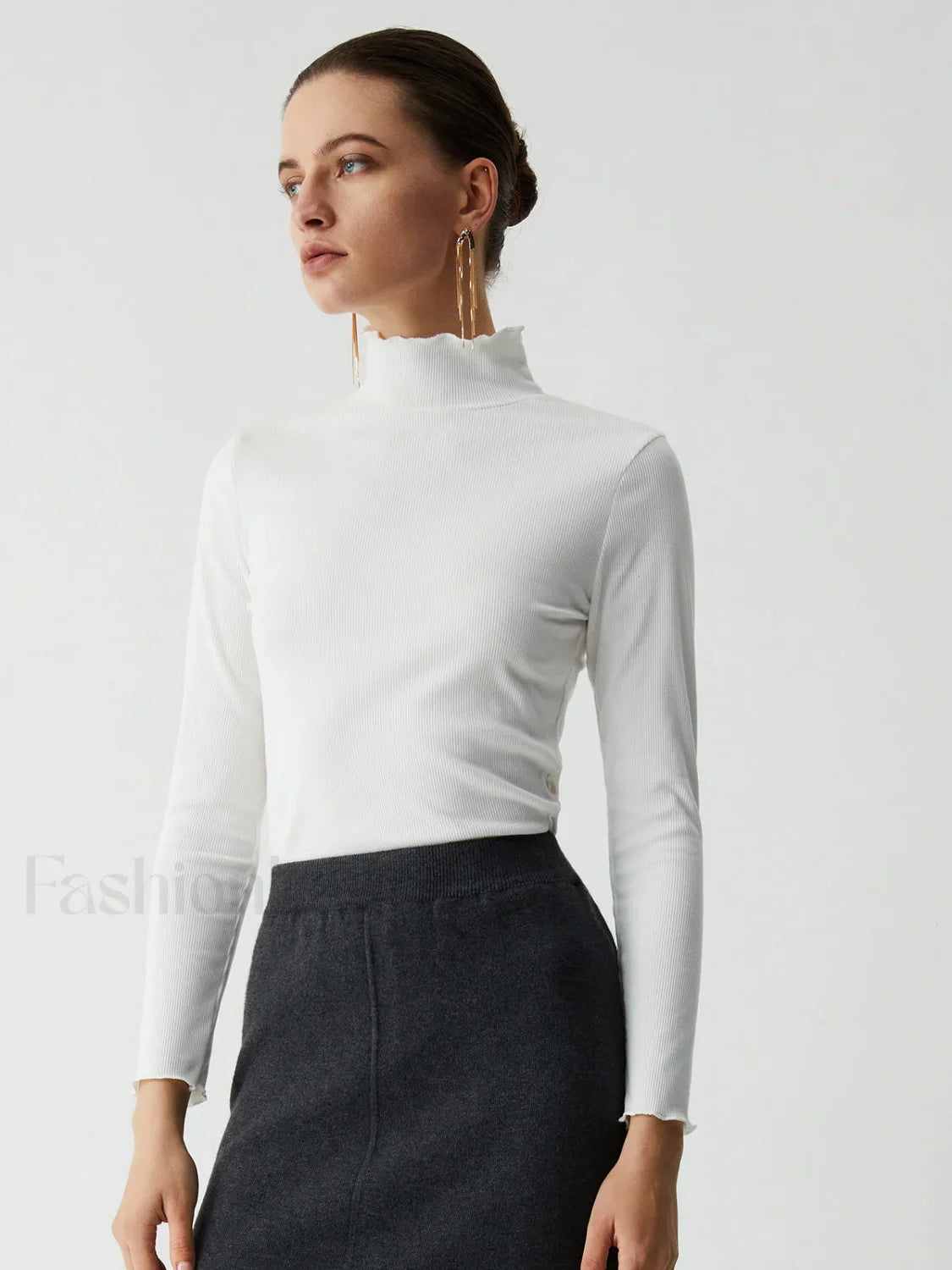 Lettuce Trim Mock Trendy Neck Long Sleeve Shirt