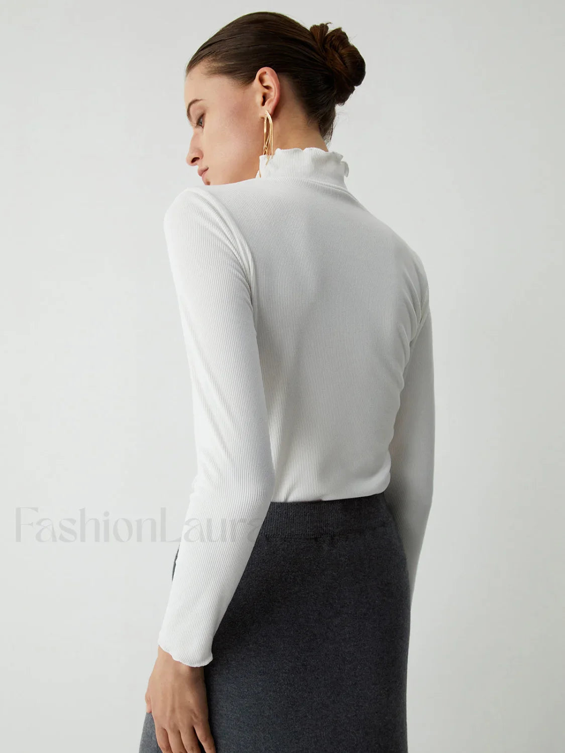 Lettuce Trim Mock Trendy Neck Long Sleeve Shirt