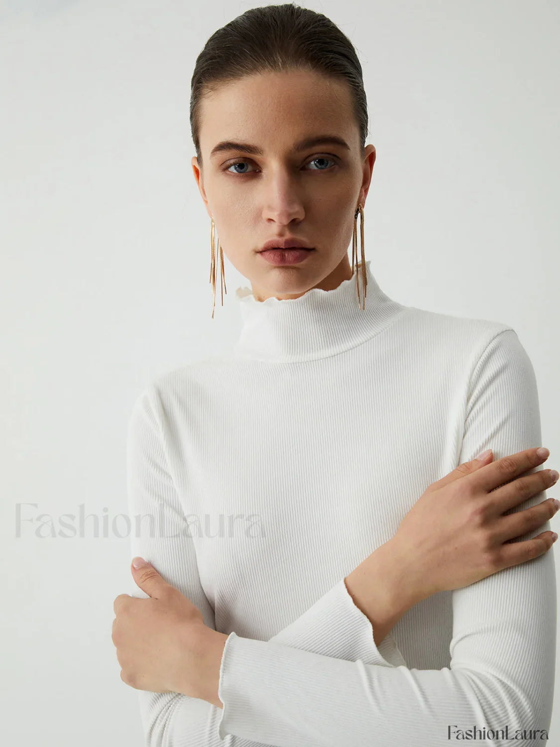 Lettuce Trim Mock Trendy Neck Long Sleeve Shirt