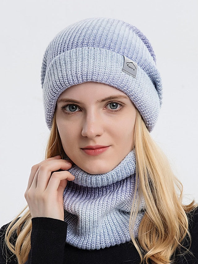 2pcs/set Winter Women Beanies Snood Sets Gradient Color Knitted Hat Warmer Fashion Outdoor Windproof Thicken Tie Dye Scarf Hat For Women for Women