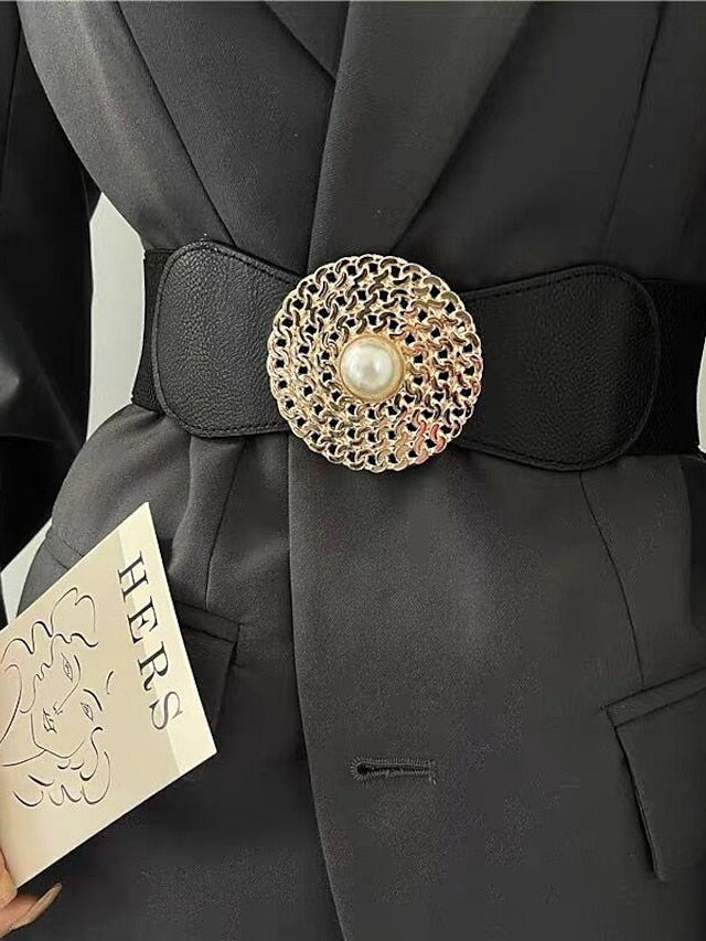 round buckle chain elastic elastic girdle female outer suit dress pearl disc black retro belt for Women