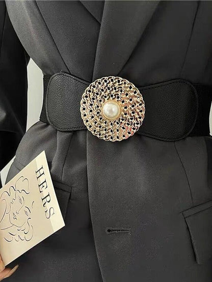 round buckle chain elastic elastic girdle female outer suit dress pearl disc black retro belt for Women
