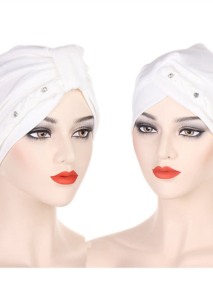 1PCS Trendy Two Dress Braid Turban Cap for Women with Crystal Muslim Head Wrap Islam Hijab Bonnet Hair Care Hat for Women