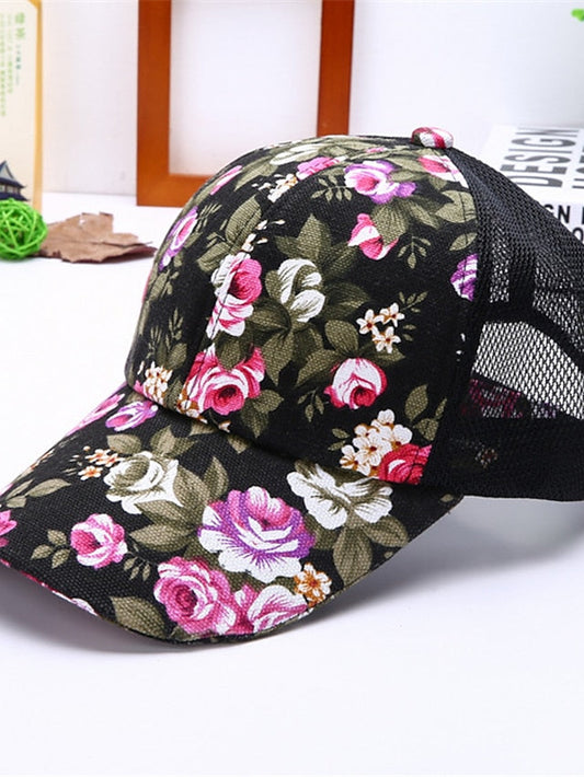 Breathable Trucker Hat Baseball Cap Sun Shade Fashion Ladies Sunscreen Floral Mesh Peaked Caps Flower Hat Sun Hat Casual Wild for Women