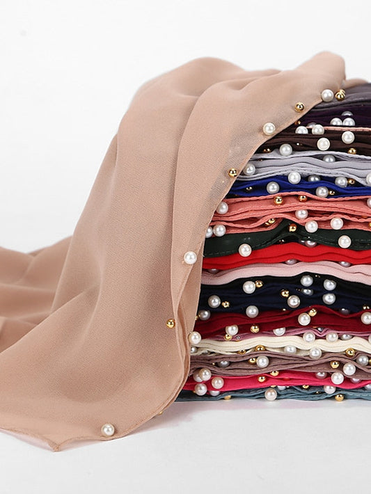 Bubble Chiffon Scarf Plain Shawls Golded Beaded Pearl Scarf Women Hijab Muslim Scarf for Women