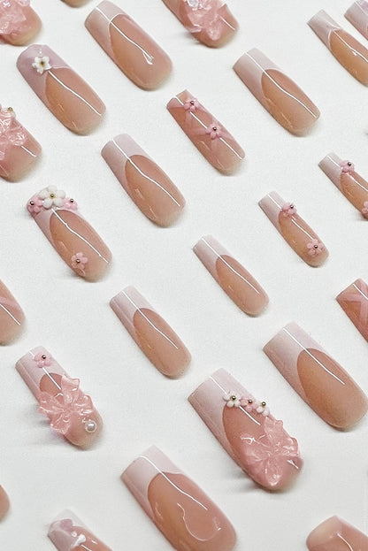 Elegant French Floral Bowknot Nail Sticker Set in Light Pink