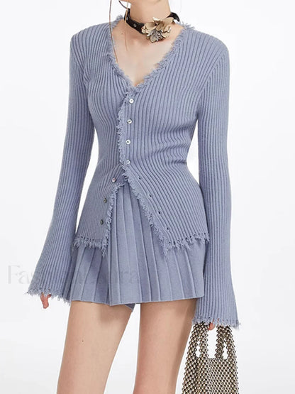 Lilac Raw Hem Trendy Long Sleeve Knit Top