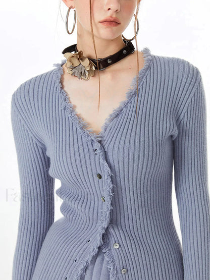 Lilac Raw Hem Trendy Long Sleeve Knit Top