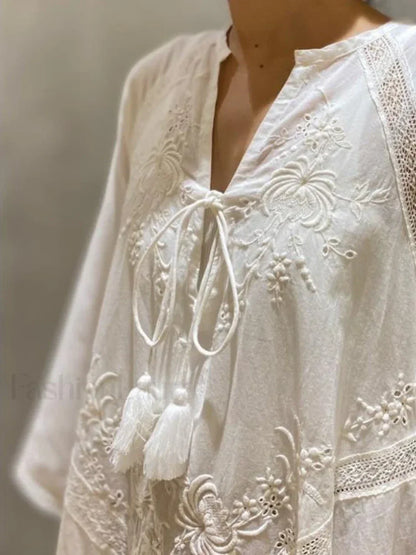 Linen Lace-Up White Boho Dress