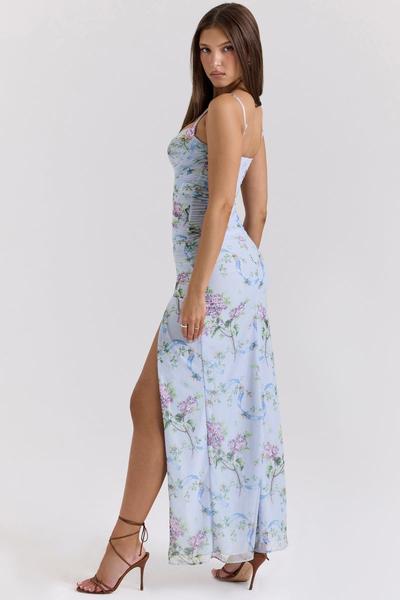 Blue Floral Slit Midi Dress