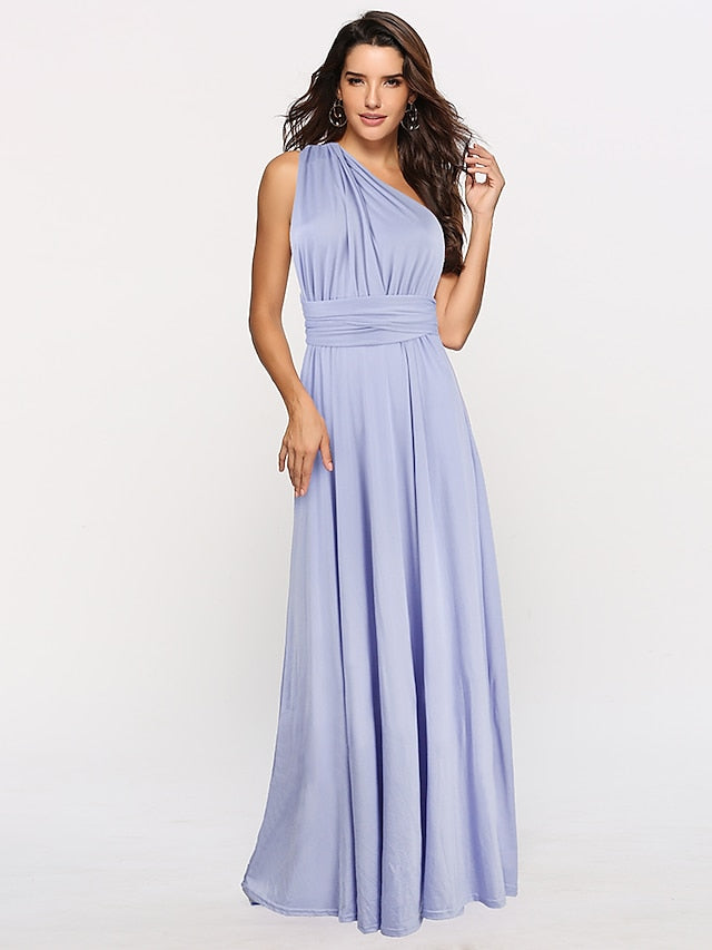 A-Line Bridesmaid Dress Halter / V Neck Sleeveless Convertible Floor Length Spandex with Sash / Ribbon / Pleats 2022
