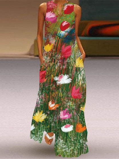 A Line Dress Long Dress Maxi Dress Black White Pink Sleeveless Floral Pocket Spring Summer Crew Neck Stylish  S M L XL XXL 3XL 4XL 5XL for Women