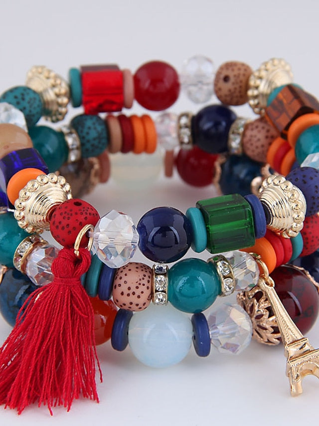 3pcs Bead Bracelet Bracelet Layered Fashion Tassel Bohemian Resin Bracelet Jewelry Black / White / Pink For Gift Daily Holiday Date for Women