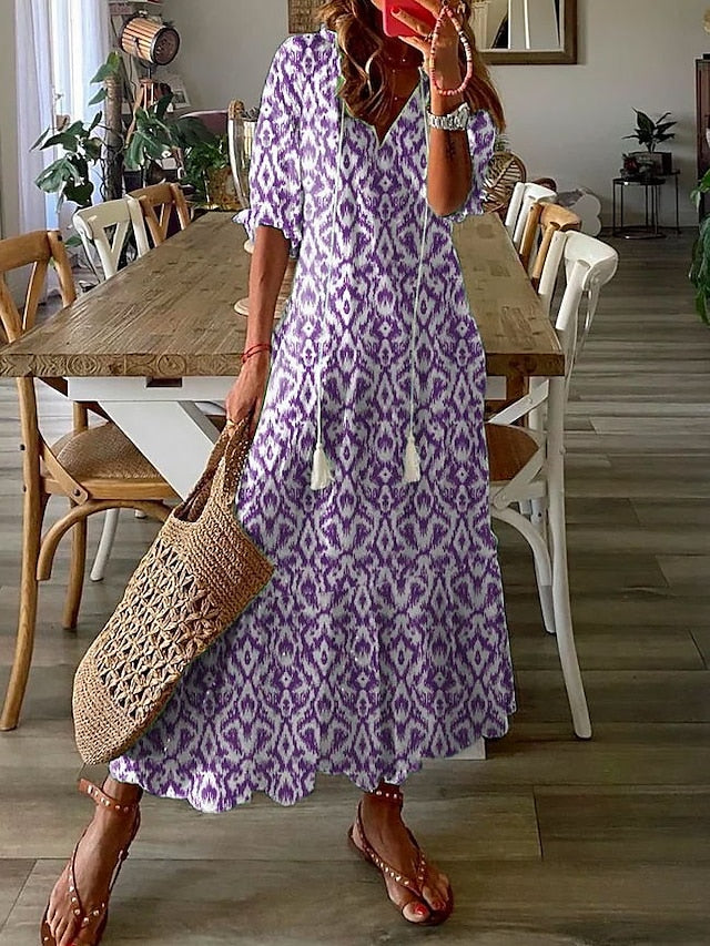 A Line Dress Maxi long Dress Purple Half Sleeve Print Ruched Print Spring Summer V Neck Casual Vacation  3XL for Women