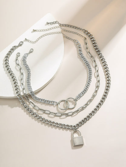 Lock Charm Chunky Chain Necklace Set - 3pcs for Women