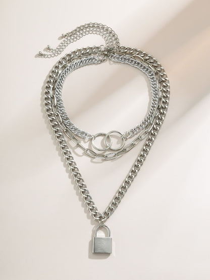 Lock Charm Chunky Chain Necklace Set - 3pcs for Women