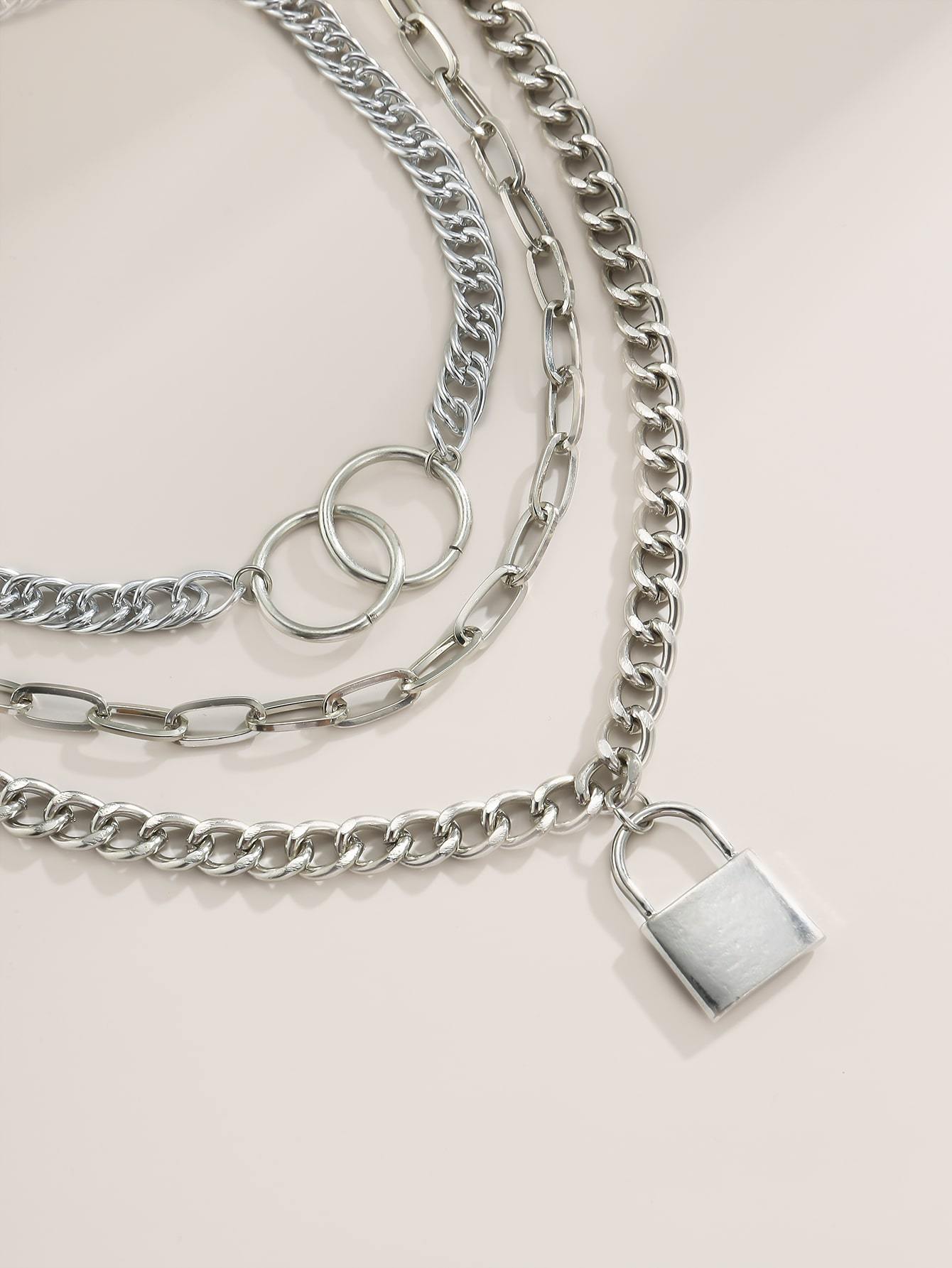 Lock Charm Chunky Chain Necklace Set - 3pcs for Women