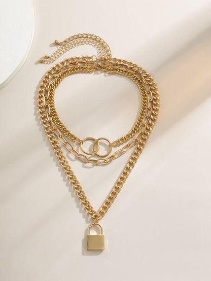 Lock Charm Chunky Chain Necklace Set - 3pcs for Women