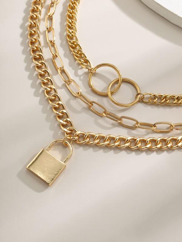 Lock Charm Chunky Chain Necklace Set - 3pcs for Women