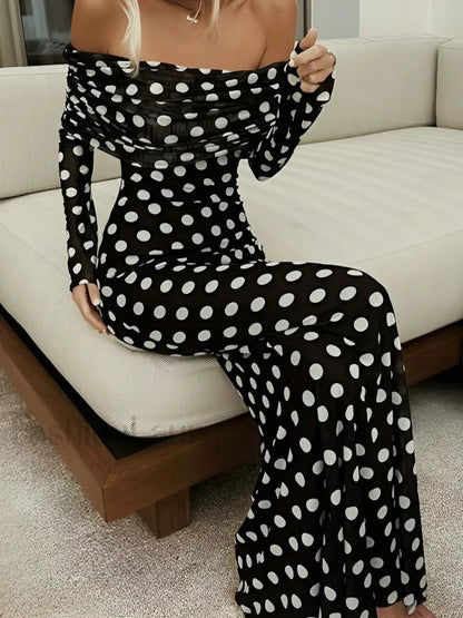 Long Sleeve Off-Shoulder Polka Dot Print Long Dress