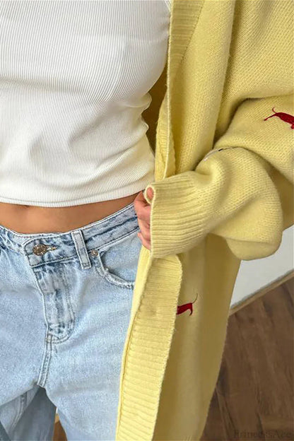 Loose Dachshund Embroidery Knit Button Cardigan