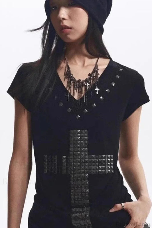 Loose V-Neck Cross Foil T-Shirt