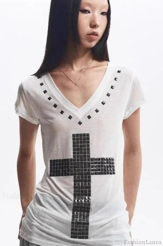 Loose V-Neck Cross Foil T-Shirt