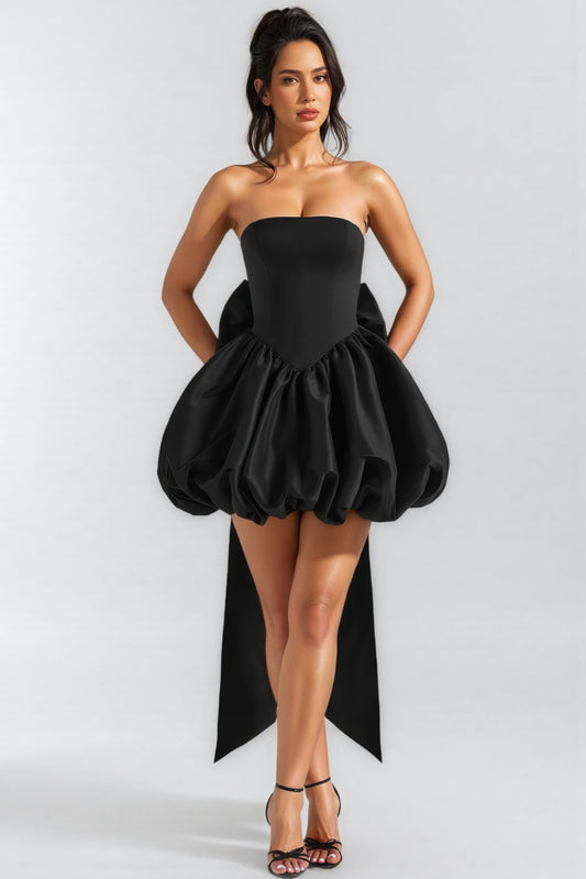 Zevpt Black Bow Halter Lantern Mini Dress