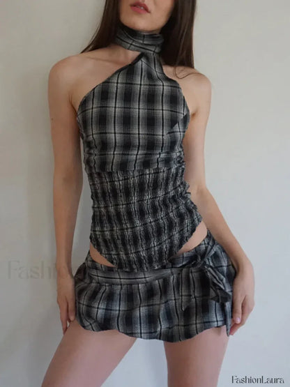 Low Waist Print Bubble Skirt Two Piece Set