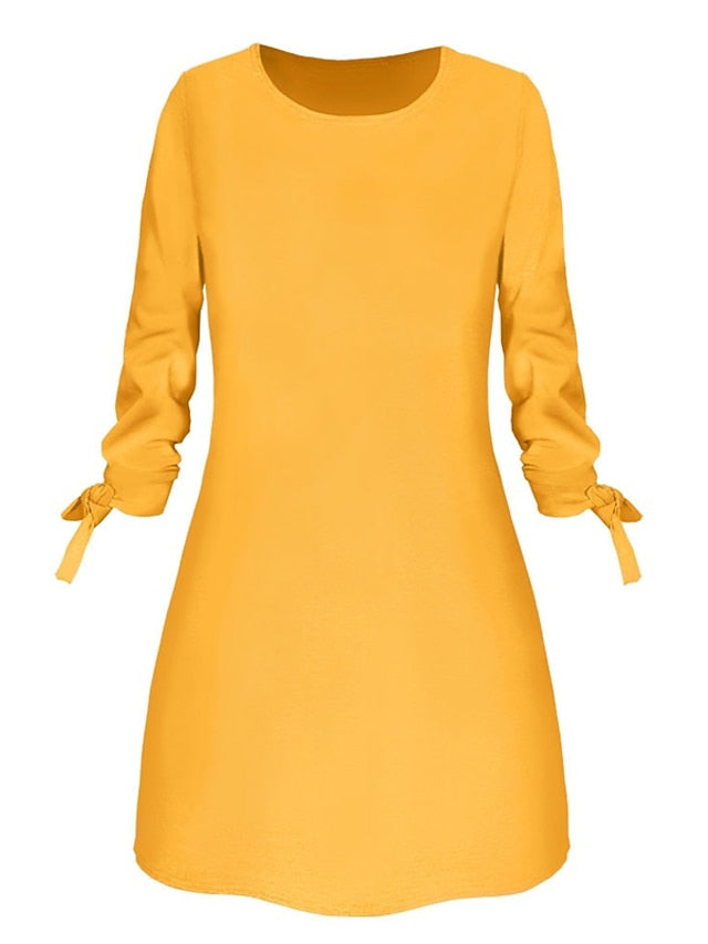 A Line Dress Mini Dress Black White Yellow Long Sleeve Pure Color Patchwork Summer Spring Crew Neck Casual Winter Dress Fall Dress  S M L XL XXL 3XL 4XL for Women