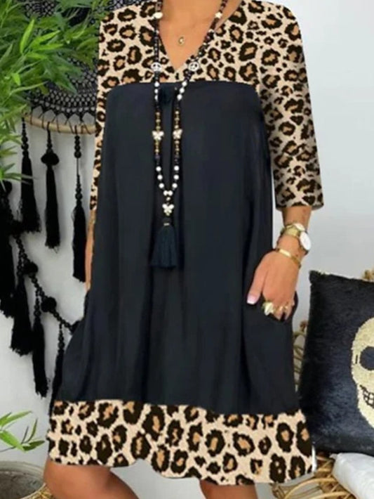 A Line Dress Knee Length Dress Black Long Sleeve Leopard Patchwork Summer Spring V Neck Casual Winter Dress Fall Dress Loose Fit  S M L XL XXL 3XL for Women